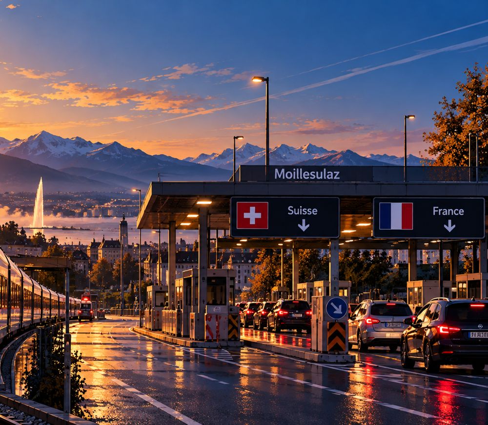 Illustration : la douane de Moillesulaz entre la Suisse et la France au lever du soleil, avec Genève et le jet d'eau au loin